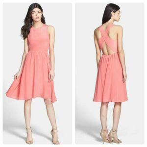 Line & Dot Revolve Silk Dress Size S Fit & Flare Cross Back Coral Pink NWT B32